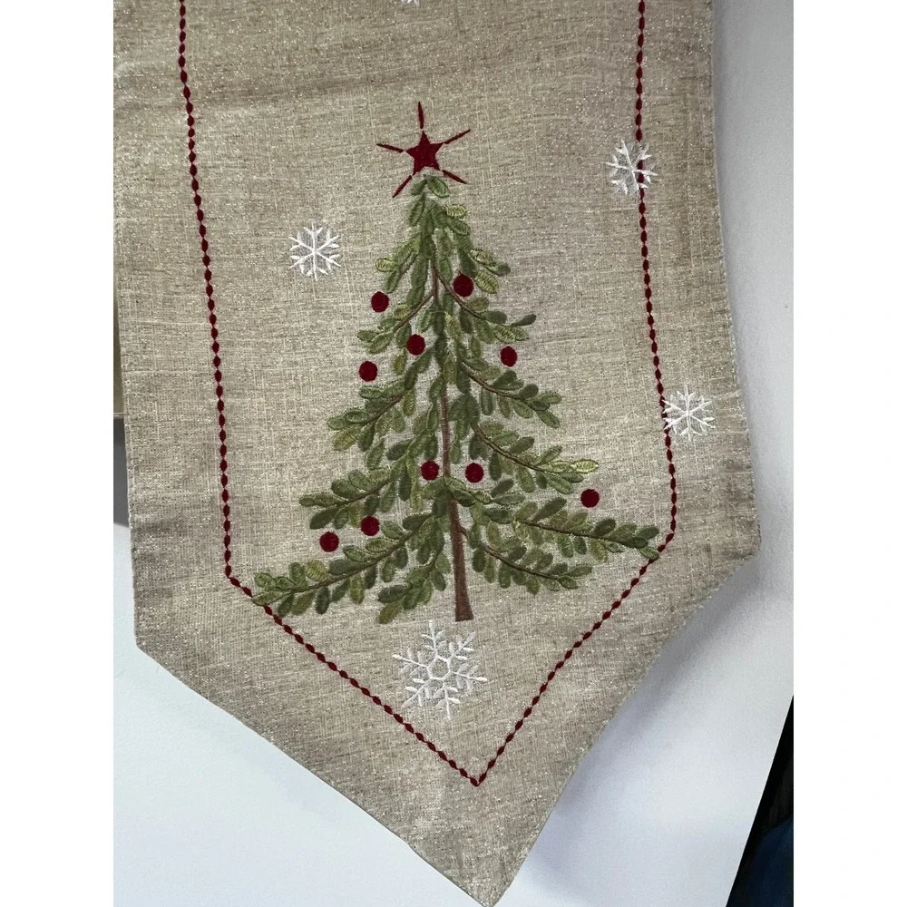 Christmas Tree Embroidered Table Runner Gold Metallic Snowflakes Neutral 72